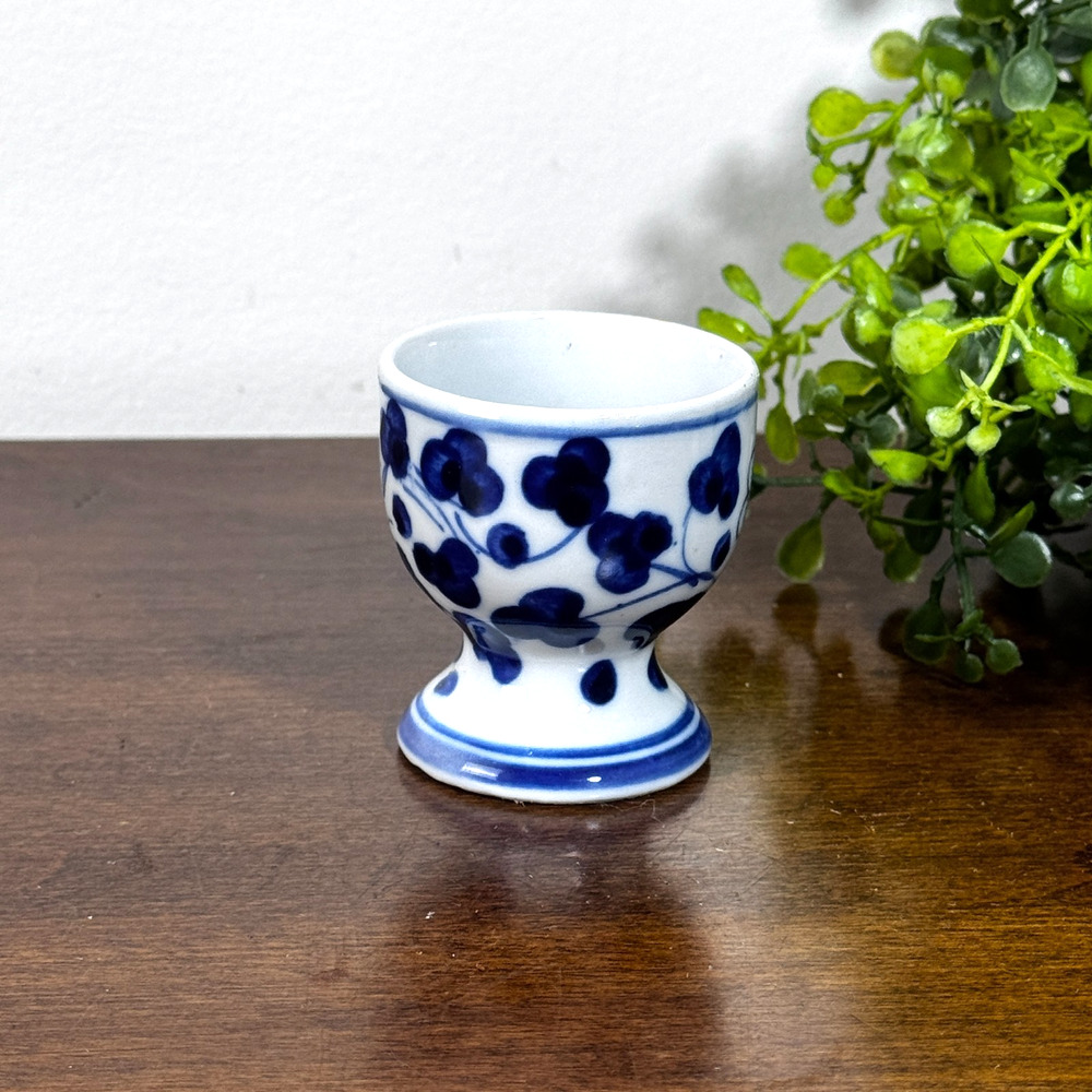 Vintage Blue and White Egg Cup Handcrafted in Thailand 2" Flowers Floral